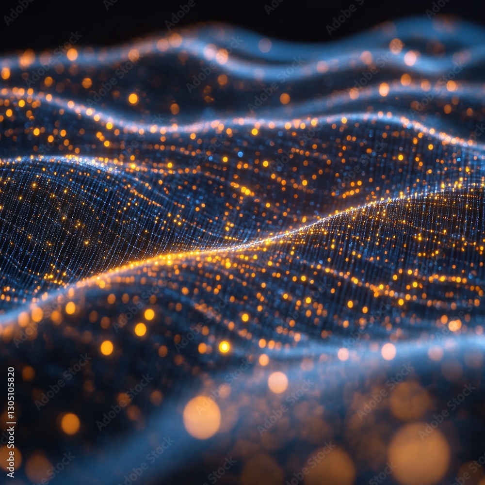 Poster abstract digital landscape with glowing particles and flowing lines creating a dynamic and futuristi