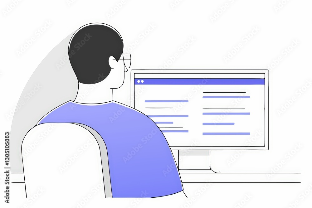 Poster a person sitting at a desk, looking at a computer screen displaying text, illustrating remote work o