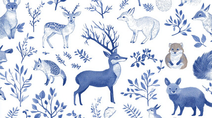 Forest animals seamless pattern. Deer, wolf, fox, boar, squirrel, bear, hare, hedgehog and badger. Hand drawing. Blue and white color. Vintage vector illustration. 