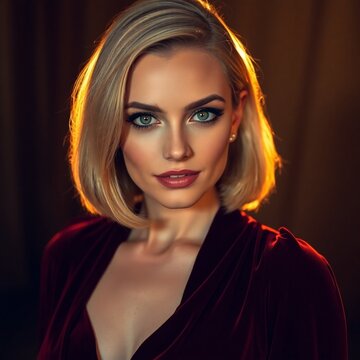 A woman in her thirties with blonde hair, piercing blue eyes, prominent forehead, large straight nose, wearing a dark red velour floor-length dress and an elegant bob with bangs and evening makeup