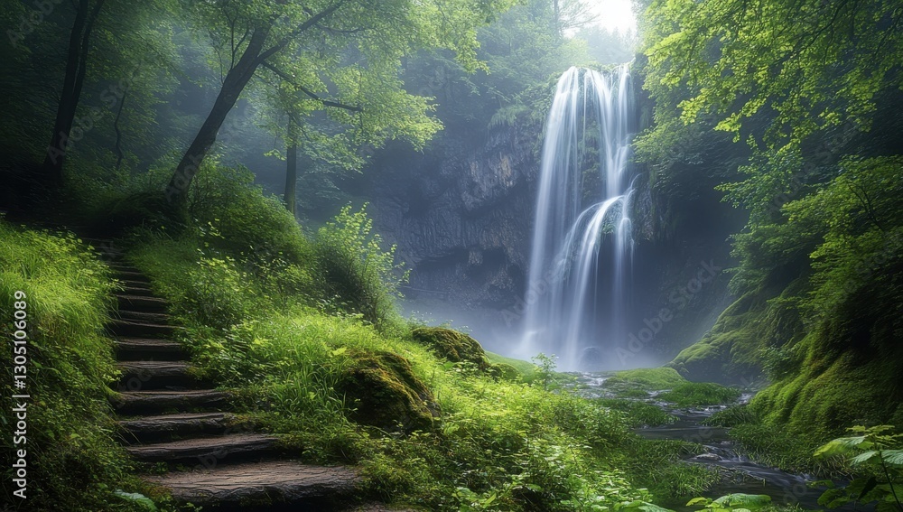 Poster serene waterfall cascading through lush green forest surrounded by ferns and illuminated by soft sun