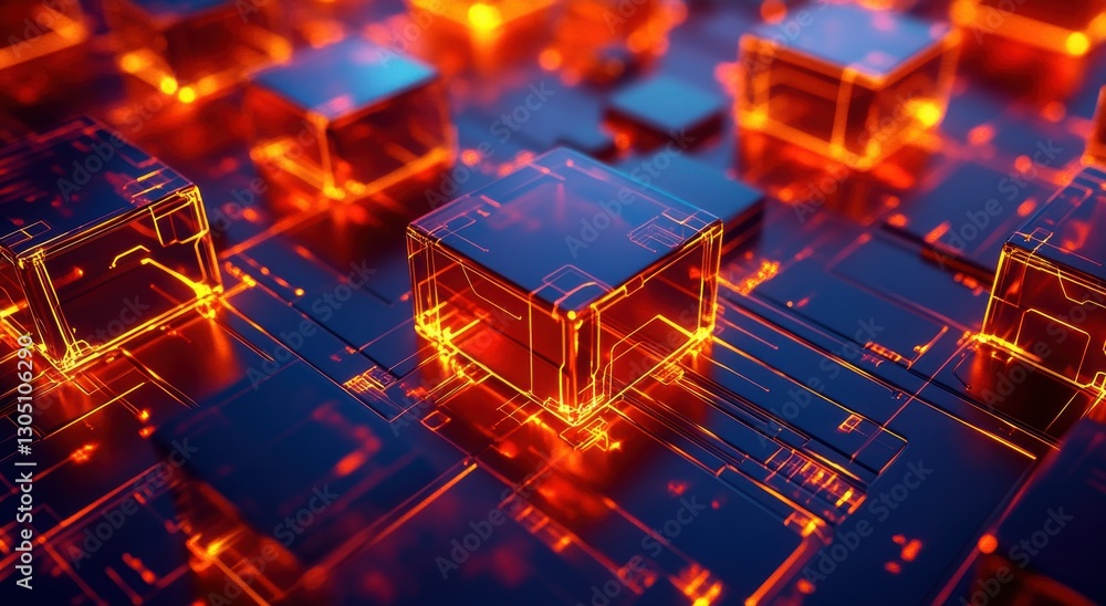 Poster abstract digital landscape with glowing orange cube shapes and intricate circuitry patterns showcasi