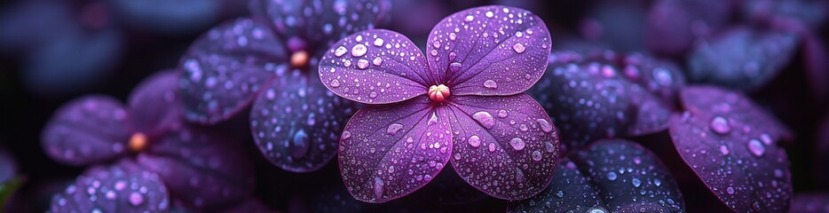 Close-up of vibrant purple flowers covered in water droplets in soft natural lighting