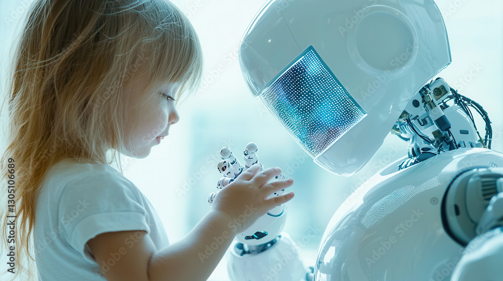 Poster child interacts with friendly ai powered robot, showcasing curiosity and wonder