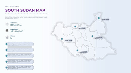 Total Area, Papulation, States & More Detailed Infographic Map of South Sudan. South Sudan country map infographic colored vector template with regions and pointer marks.