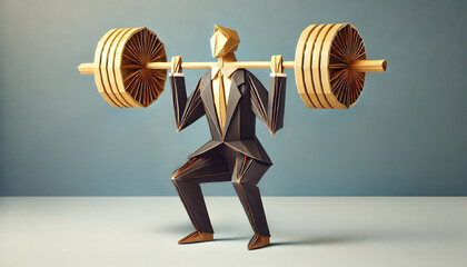 Origami businessman lifting a barbell in a powerful pose with paper textures and strong geometric design