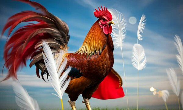 rooster against a vibrant sky-blue background. Eco farm production. Confident super chicken