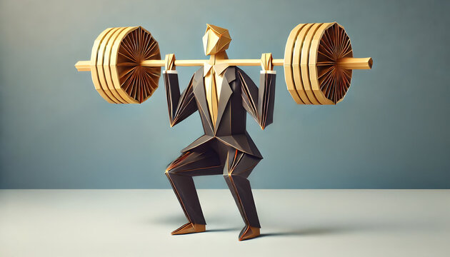 Origami businessman lifting a barbell in a powerful pose with paper textures and strong geometric design