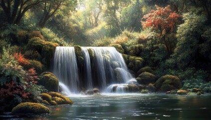 Obraz premium Serene Waterfall Cascading Through Lush Green Forest Surroundings with Sunlight Filtering Through Dense Canopy