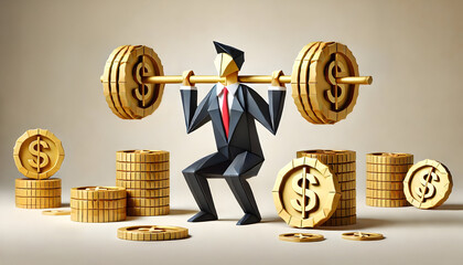 Professional origami businessman lifting barbell made of golden coins with dollar signs, dynamic pose, folded paper design, financial strength, modern office, professional paper art, origami coins, bu