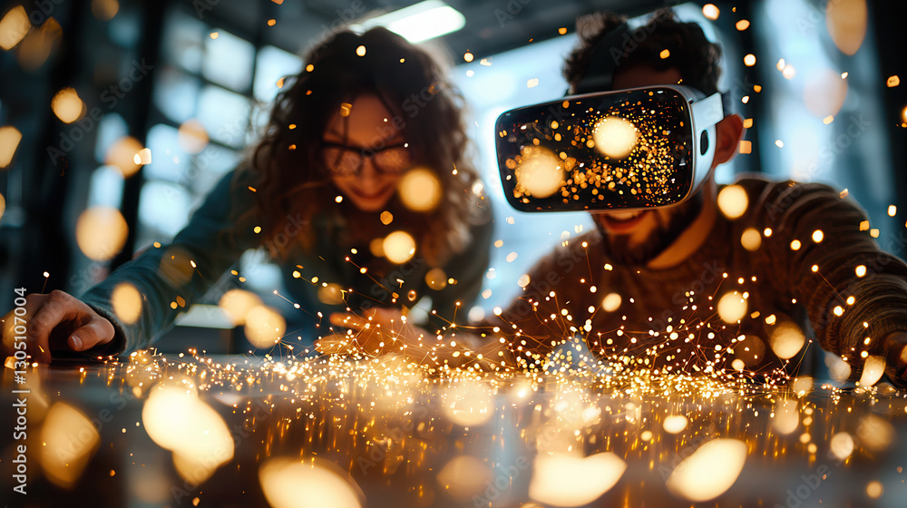 Poster immersive virtual reality experience with two individuals engaged in collaboration, surrounded by dy