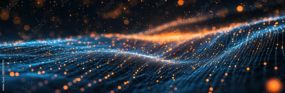 Poster abstract digital landscape with glowing particles and flowing lights in shades of blue and orange cr