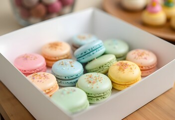 Assorted traditional french macarons sweets of different color and taste, two rows in present box with lilac flowerings decoration. Background, close up, copy space, top view.
