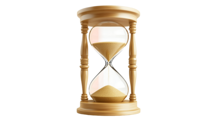 A classic hourglass with golden sand slowly trickling down isolated on a transparent background