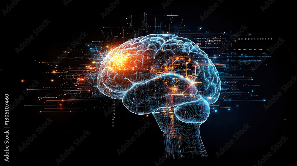 Poster human brain connected to ai technology, showcasing neural connections and data flow