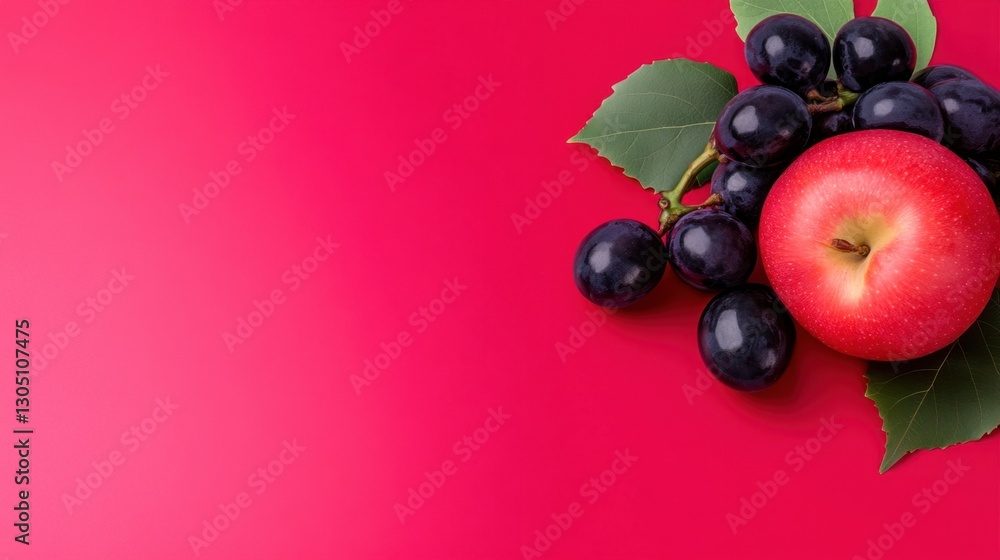 Poster a red background with a bunch of grapes and an apple on top.
