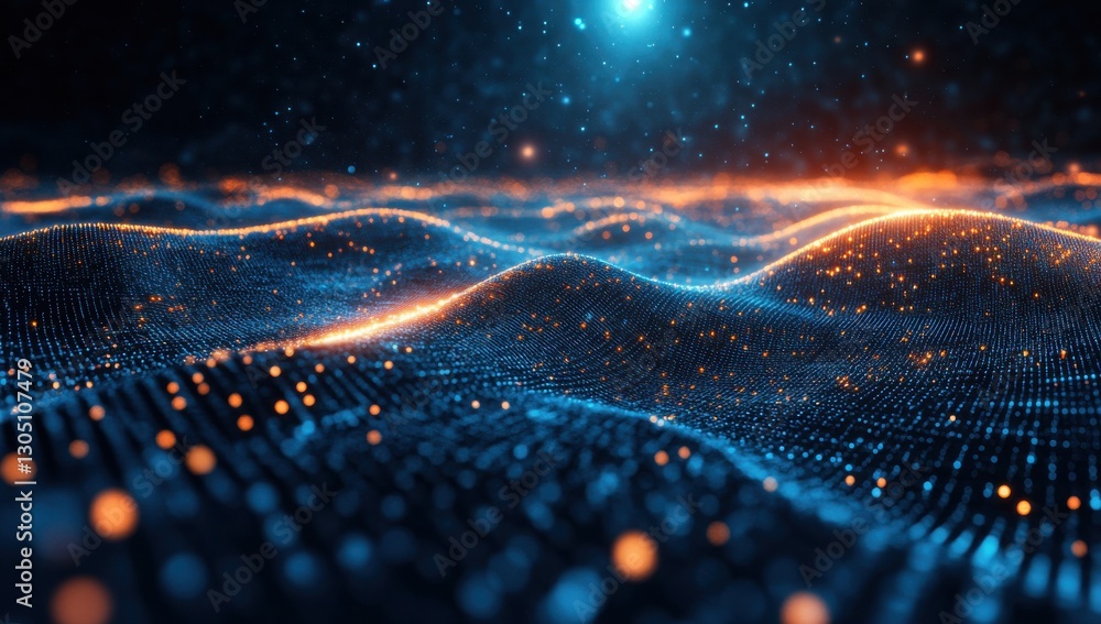 Aufkleber abstract digital landscape with glowing particles and wave structures, representing futuristic conne