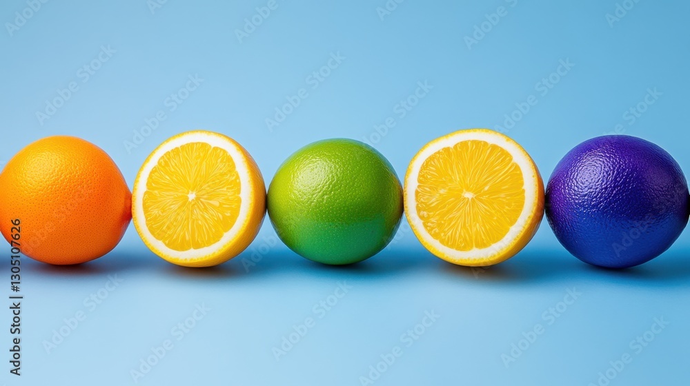 Poster a row of oranges and lemons are arranged in a rainbow pattern. the oranges are orange and the lemons