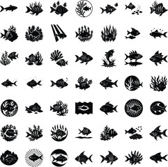 Black and White Fish Icons Aquatic Life, Marine Designs, Underwater