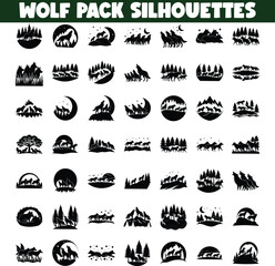 Wolf Pack Silhouettes Night, Moon, Forest, Mountains, Nature
