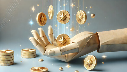 Origami hand releasing floating coins in a magical, glowing scene with paper textures and golden accents