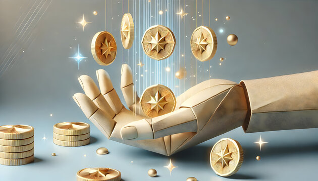 Origami hand releasing floating coins in a magical, glowing scene with paper textures and golden accents