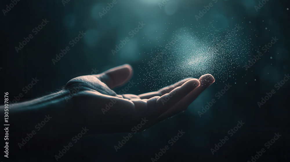 Poster human hand reaching out with sparkling particles floating above it, creating magical atmosphere