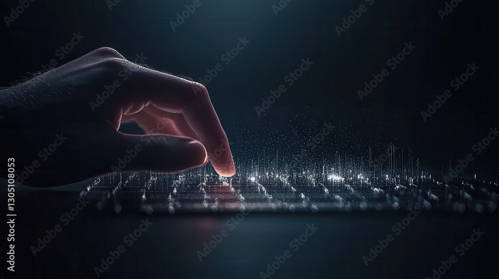 Poster human hand interacting with glowing holographic interface, creating sense of innovation and technolo