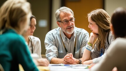 A seminar leader engaging with participants in a small, collaborative breakout session.