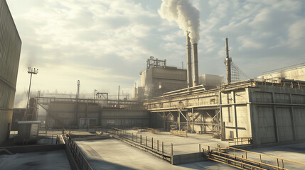 Obraz premium Industrial landscape with factory smokestacks emitting smoke into the sky, highlighting industrial pollution and environmental impact.