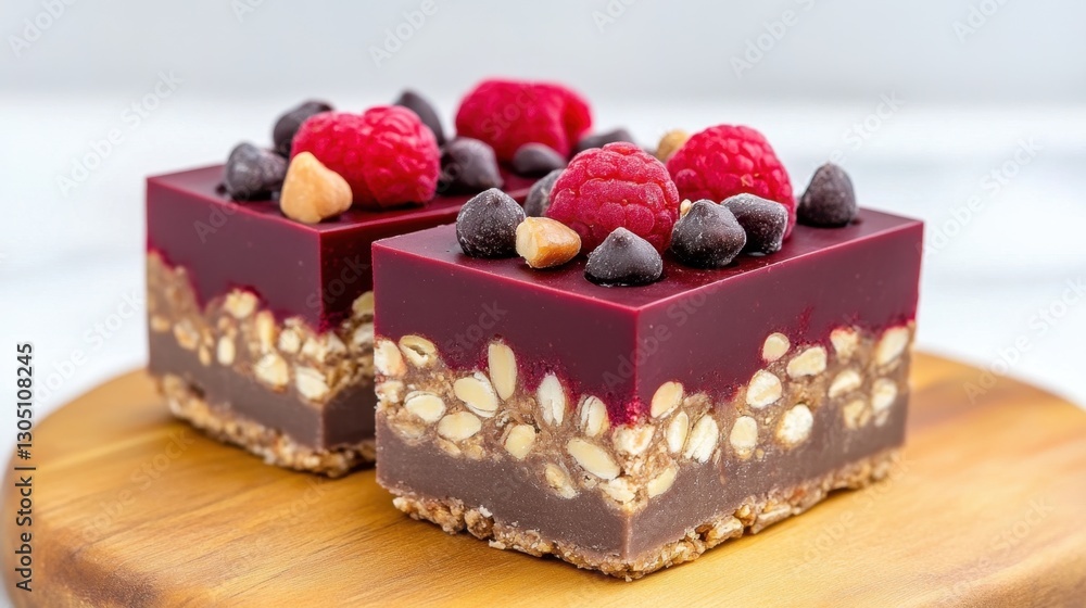 Poster a dessert with a raspberry topping sits on a wooden cutting board. the dessert is a square with a ch