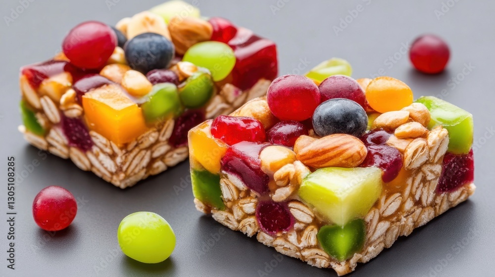 Poster a colorful fruit and nut bar sits on a table with a few grapes scattered around it. the bar is made 
