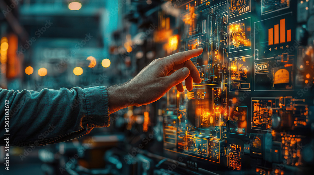 Poster person interacting with futuristic digital interface, showcasing technology and data visualization. 