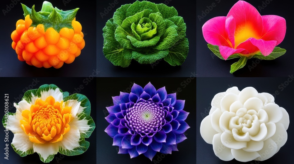 Poster a series of flower images with different colors and shapes. the flowers are arranged in a grid, with