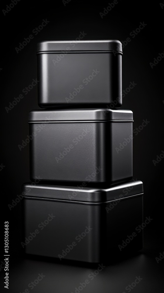 Poster three black matte boxes of varying sizes are stacked on a dark background. the boxes have a slightly