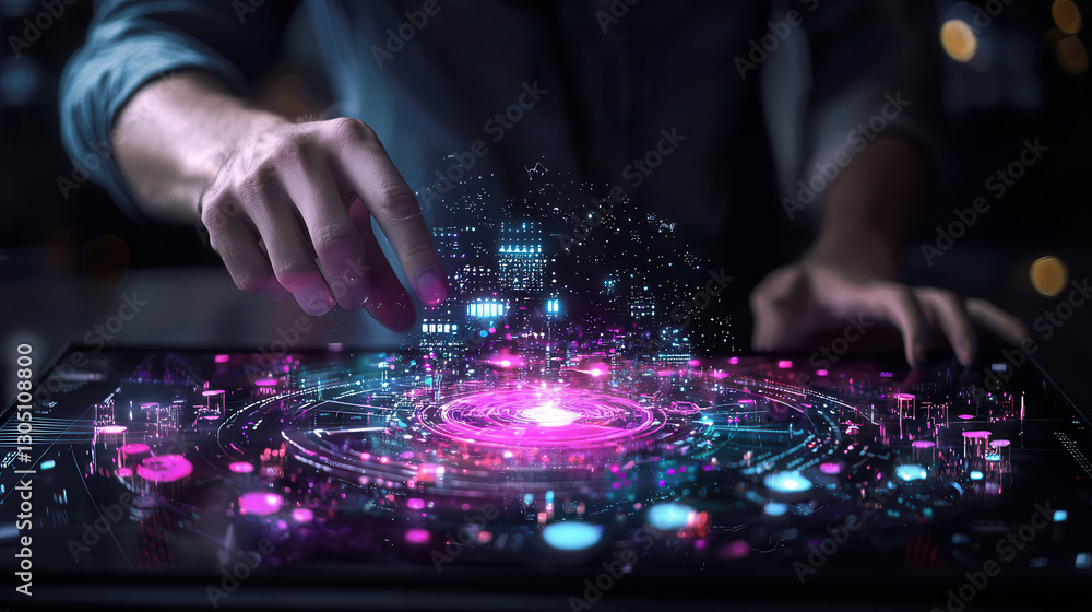 Poster person interacting with holographic dashboard displaying vibrant data visualizations and cityscapes