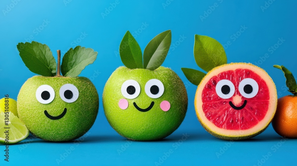 Poster three apples and a grapefruit are smiling on a blue background. the apples are green and the grapefr