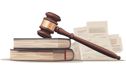 A digital illustration depicting a wooden gavel resting atop a stack of two books.  Several crumpled papers or documents are situated beside the books. The gavel is positioned diagonally