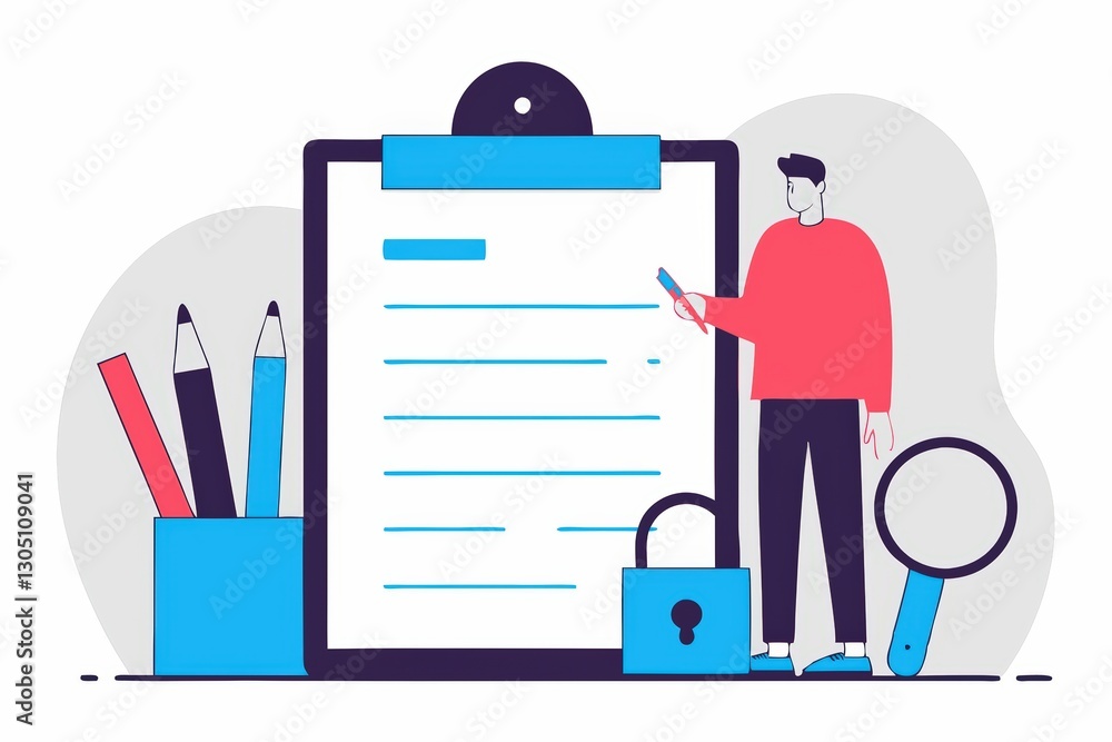 Poster a person stands next to a clipboard with a lock and tools, symbolizing organization and security in 