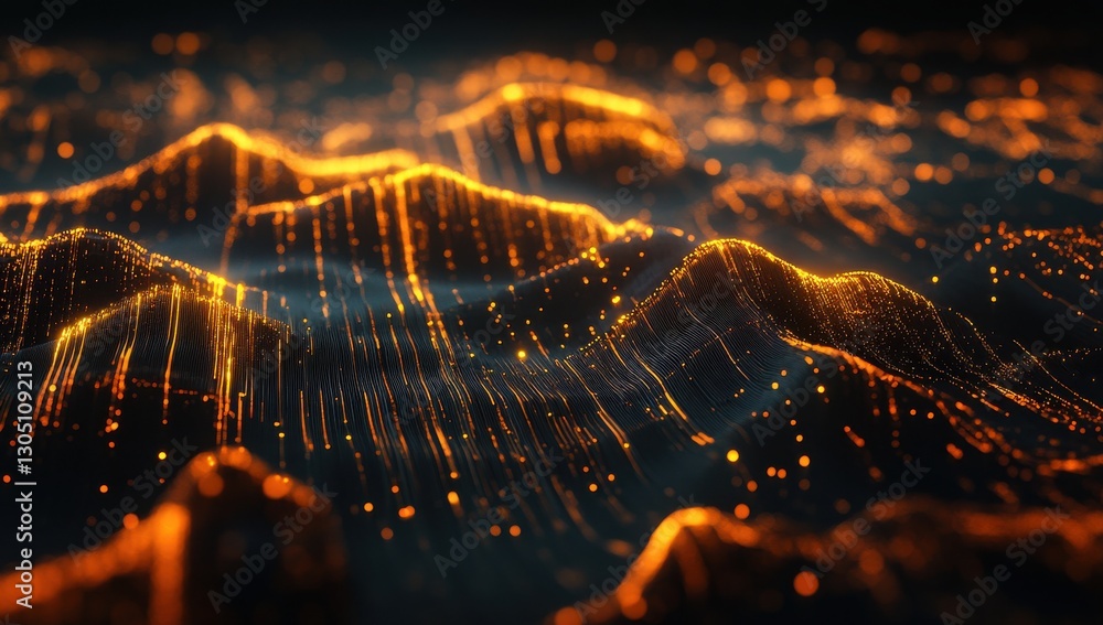 Poster abstract digital landscape with glowing waves of light and particles over dark background for techno