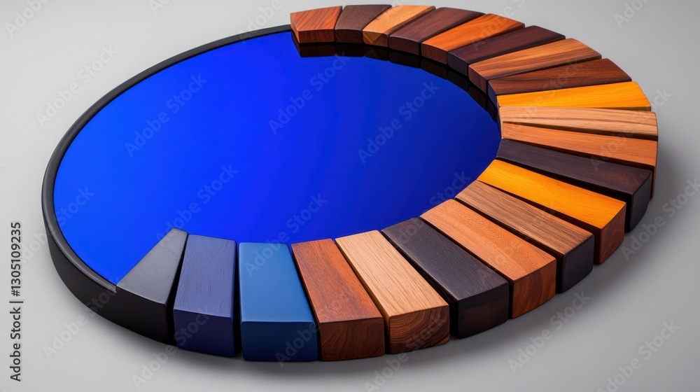 Poster a blue circle with a reflection of a wood block pattern. the wood blocks are of different colors and
