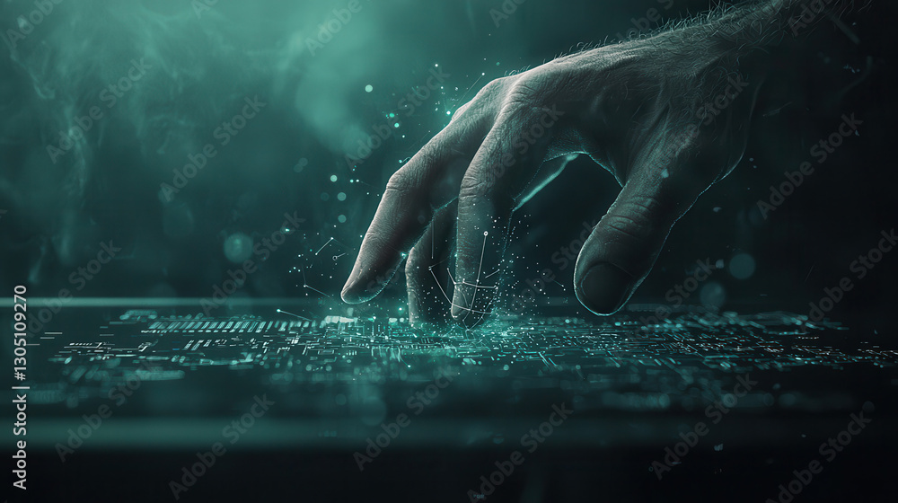 Aufkleber hand interacting with futuristic digital interface, creating sparks and light. scene evokes sense of