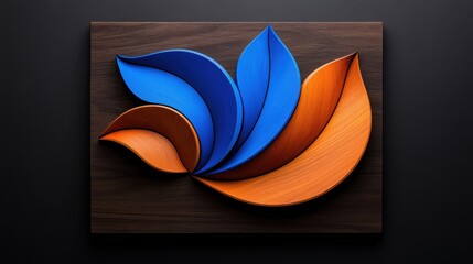 A blue and orange leafy design on a wooden background. The blue and orange colors create a sense of harmony and balance. The design is abstract and artistic, with a focus on the shapes