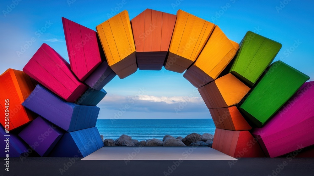 Aufkleber a colorful archway made of blocks is seen through a window overlooking the ocean. the archway is mad