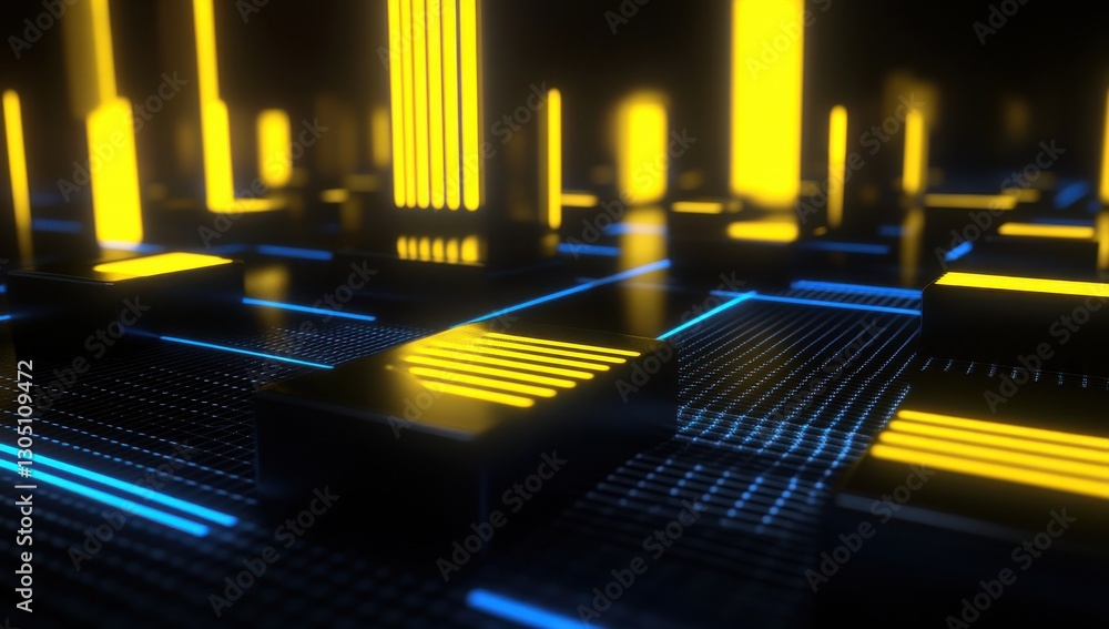 Aufkleber abstract digital landscape with glowing yellow lines and dark geometric shapes creating a futuristic