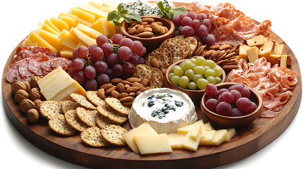 Charcuterie board with assorted cheeses, crackers, meats, grapes, nuts, and dips on rustic wooden surface for gatherings and parties