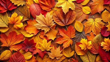 Fototapeta premium A vibrant tapestry of autumn foliage, showcasing a rich spectrum of warm-toned leaves in diverse shapes and sizes, creates a stunning natural composition.