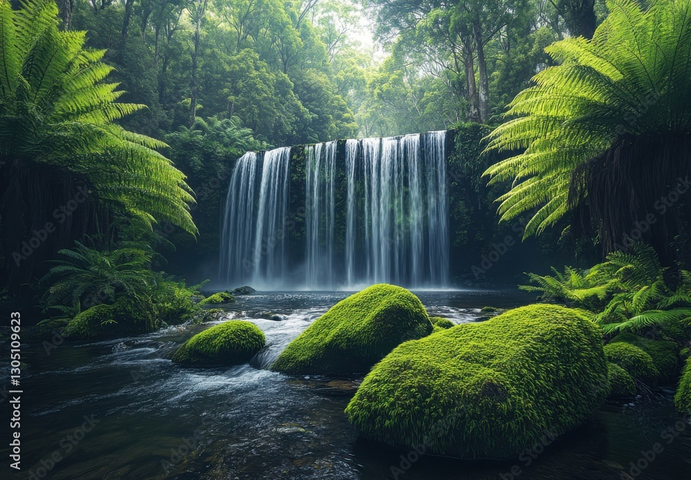 Poster serene waterfall cascading through lush greenery with moss-covered rocks in enchanting forest settin
