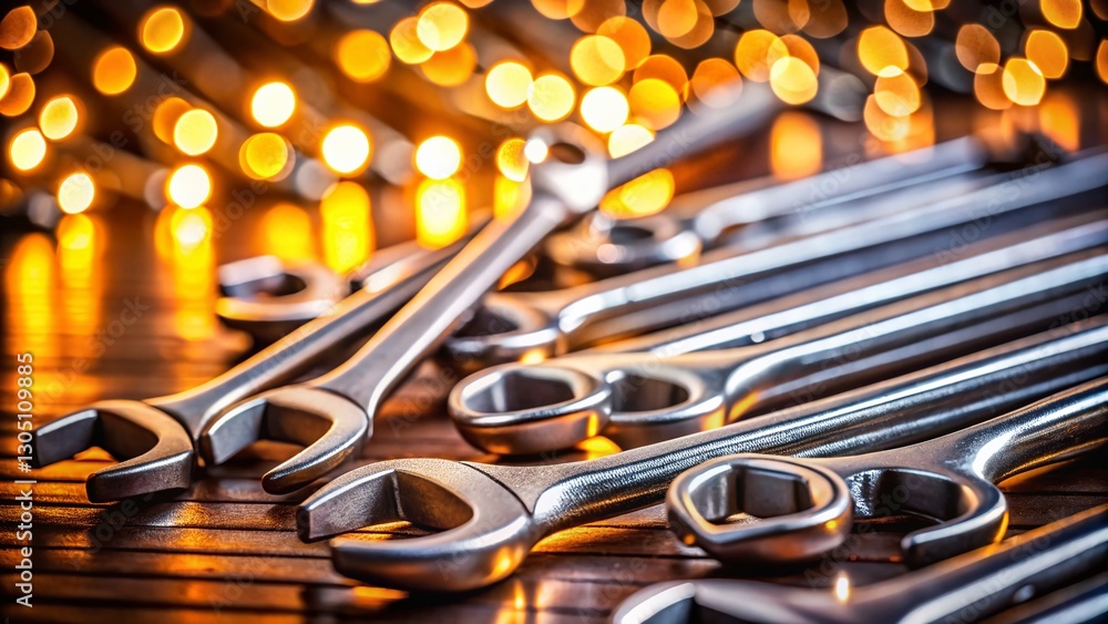 Poster chrome vanadium wrenches with bokeh background: professional stock photo for mechanics and diy proje