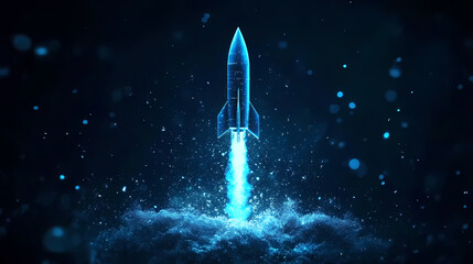 Fototapeta premium Blue Spaceship Launch in Deep Purple Space with Particle Effects